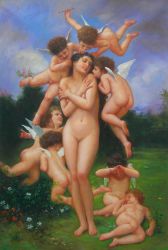Obraz - Dívka s andílky | 90 cm x 60 cm 