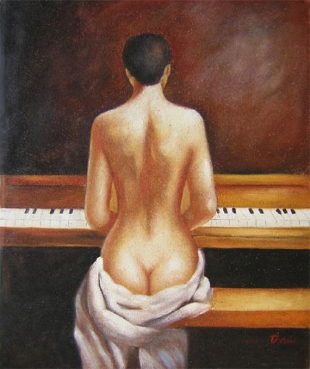 Obraz - Žena zezadu hrající na piano